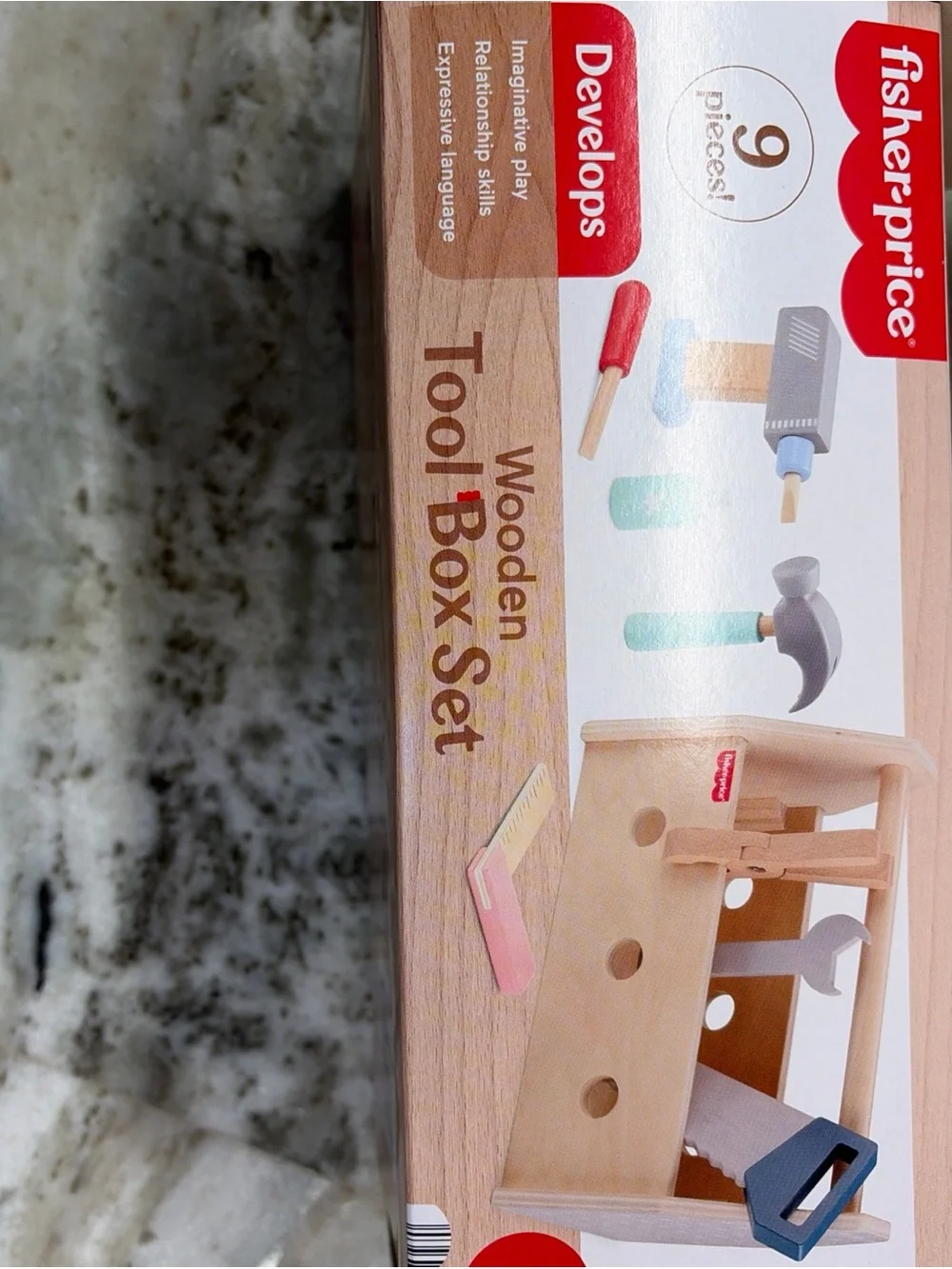 Fisher-Price Wooden Toolbox Play Set in Natural Wood and Pink Accents